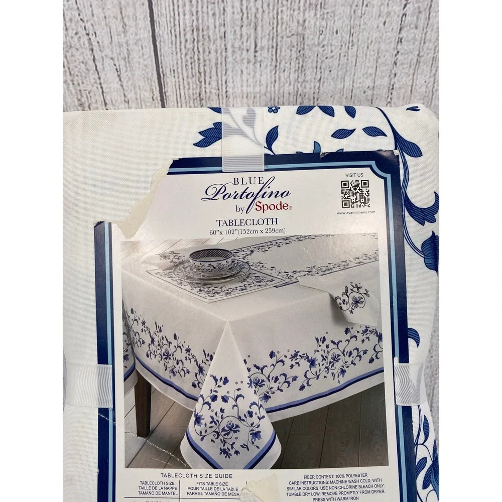Spode Blue Portofino Tablecloth 60x102 Oblong Blue White Floral French Country